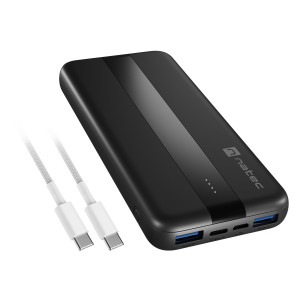 Power banka Natec TREVI SLIM Q V2 10000mAh, 2X USB-A 18W, 1X USB-C 20W, USB-C - USB0-C kabel, černá