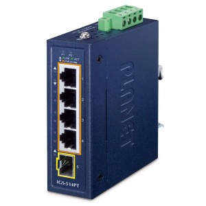 Planet IGS-514PT kompaktní průmyslový L2/L4 switch, 4x1Gb, 1x1G SFP, 4x1Gb PoE+ 802.3at 120W, -40~75°C, IP30, fanless