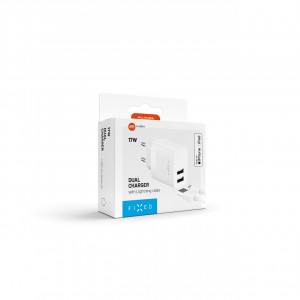 Set síťové nabíječky FIXED s 2xUSB výstupem a USB/Lightning kabelu, 1 metr, MFi, 17W Smart Rapid Charge, bílá