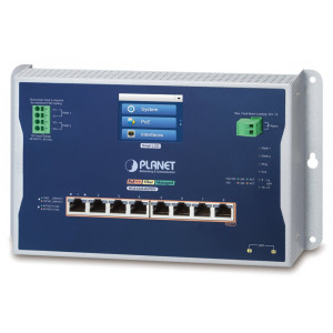 Planet WGS-5225-8UP2SV plochý L3 switch, 8x1Gb, 2x2.5Gb SFP, PoE 95/720W, 48-54VDC, -20~70°C, IP30, fanless, touch LCD