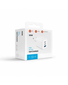 Síťová GaN nabíječka FIXED Mini s 2xUSB-C a USB výstupem, podpora PD, 100W, bílá
