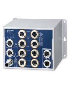 Planet Průmyslový PoE switch 8x Gb 802.3at 100W, 2x Gb Bypass, IP50, -40~+70°C, 24-110VDC, M12 konektory