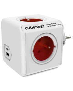 Cubenest Powercube Original USB PD 20W, A+C, 4× zásuvka, bílá/červená, dětská pojistka, uzemnění, max. 16A/250V~3680W