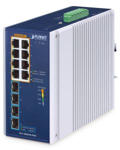 Planet IGS-1000-8UP4X průmyslový L2 switch, 8x1Gb, 4x10Gb SFP+,8x PoE 802.3bt 240W, -40~75°C, dual 48-54VDC,IP30,fanless