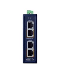 Planet IPOE-260-12V PoE průmyslový injektor, 2x port, 4x1Gb, 2x 802.3at 36/72W, DIN, IP30, -40~75°C, dual power 12-56VDC
