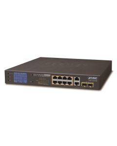 Planet GSD-1222VHP PoE switch, 8x PoE + 2x 1000Base-T + 2x SFP, LCD,VLAN, extend mód 10Mb do 250m, IEEE 802.3at 120W