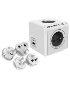 Cubenest Powercube ReWirable USB PD 20W, A+C, 4× zásuvka, bílá/šedá, 4 cestovní koncovky, dětská pojistka, uzemnění