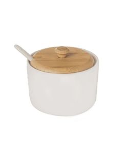 Porcelán cukřenka Orion-dřevo+lžička,bílá,pr.9,5m