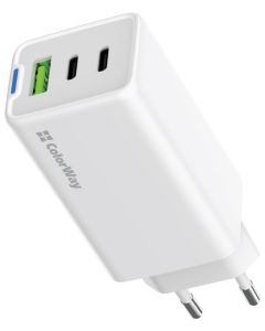 COLORWAY 2x USB-C, 1x USB-A/ síťová nabíječka/ GaN/ PD/ PPS/ 65W/ Bílá