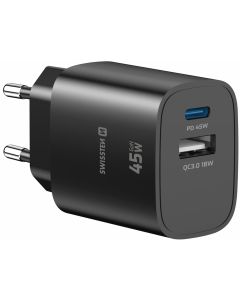 Swissten Síťový Adaptér Edge GaN 1x USB-C PD 45W + 1x USB-A 18W QC Černý