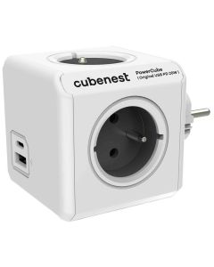 Cubenest Powercube Original USB PD 20W, A+C, 4× zásuvka, bílá/šedá, dětská pojistka, uzemnění, max. 16A/250V~3680W