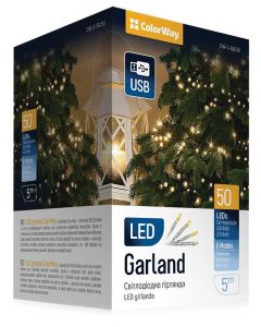 COLORWAY LED řetěz/ vnitřní / 50 LED / délka 5m / teplá bílá/ 8 funkcí/ napájení USB