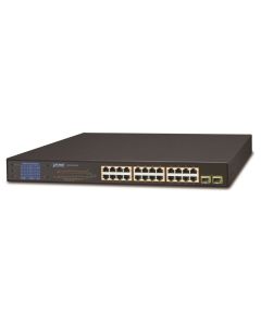 Planet GSW-2620VHP PoE switch, 24x1Gb + 2xSFP 1Gb, LCD, VLAN, extend mód 10Mb-250m, 802.3at, 802.3az, 300W PoE Budget