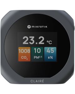 MikroTik CLAIRÉ, senzory CO2, PM2.5/10, teploty a vlhkosti, displej 2", podpora Matter i Thread, šedé