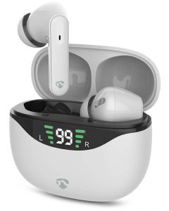 NEDIS bezdrátová sluchátka + mikrofon/ TWS/ BT/ výdrž 30 hod/ 100 dB/ ovládání dotykem/ nabíjecí pouzdro/ USB-C/ bílé
