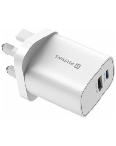 Swissten Síťový Adaptér Edge GaN 1x USB-C PD 35W + 1x USB-A 18W QC, Pro UK Zásuvku Bílý