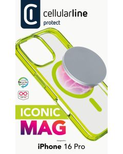 Zadní kryt Cellularline Iconic Mag s podporou Magsafe pro Apple iPhone 16 Pro, čirý / limetkový