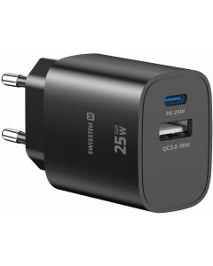 Swissten Síťový Adaptér Edge GaN 1x USB-C PD 25W + 1x USB-A 18W QC Černý