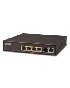 Planet FSD-604HP, PoE switch 4x PoE 802.3at 60W+ 2x 100Base-TX,VLAN,extend mód 10Mb/s do 250m, fanless,ESD