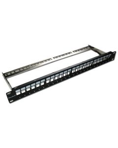 XtendLan Patch panel 19", 24 portů, neosazený, stíněný, černý, Cat5e/6/6A/7,odnimatelný  vyvazovák