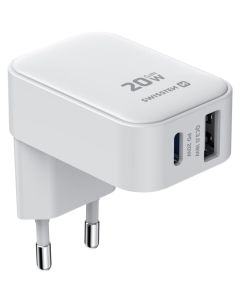 Swissten Skládací síťový adaptér FoldCharge GaN 1× USB-C 20 W + 1× USB-A 18 W QC bílý