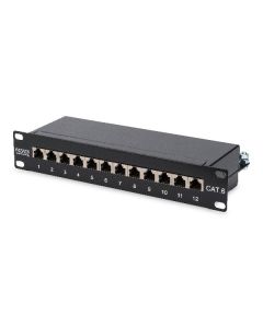 Digitus CAT 6, patch panel třídy E, stíněný, 12 portů RJ45 8P8C, LSA, 1U, 254 mm (10 "), montáž do stojanu, bl RAL 9005