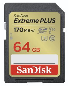 SanDisk Extreme PLUS 64GB SDXC / UHS-I, Class 10, U3, V30 /  up to 170MB/s & 80MB/s Read/Write / + 2 years RescuePRO