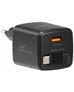 Swissten Síťový Adaptér Slidecharge GaN 45W, 1x USB-A 18W Se Zatahovacím USB-C Kabelem 0,75m Černý