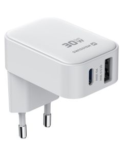 Swissten Skládací síťový adaptér FoldCharge GaN 1× USB-C 30 W + 1× USB-A 18 W QC bílý
