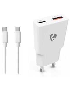 NEDIS síťová nabíječka/ 30 W/ PD 3.0/ rychlé nabíjení/ 1.5 / 2.0 / 2.22 / 3.0 A/ USB-A/ USB-C/ bílá/ kabel 1,5m