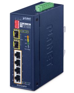 Planet IFGS-624PTF průmyslový L2 switch, 4x 10/100, 2x 1Gb SFP, 4x 802.3at PoE, -40~75°C, 12-54VDC, IP40, fanless, RING