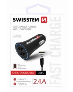 SWISSTEN CAR CHARGER 2,4A POWER WITH 2x USB + CABLE USB-C