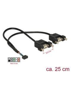 Delock Kabel USB 2.0 pin konektor samice 2,00 mm 10 pin > 2 x USB 2.0 Typ-A samice panel pro montáž 25 cm