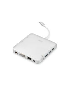 DIGITUS Univerzální dokovací stanice, USB-C, 11 portů 3x video, 1x USB-C, 3x USB3.0, RJ45, 2x čtečka karet, stříbrná hlíník