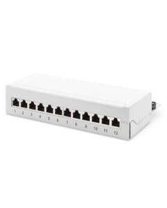 DIGITUS Desktop CAT 6A, patch panel, stíněné třídy EA, 12 portů RJ45, 8P8C, LSA, šedá RAL 7035