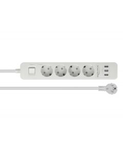 Delock Prodlužovací zásuvka 4-cestná s přepěťovou ochranou a USB nabíječkou bílá