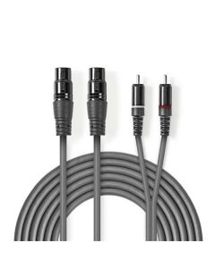 Nedis COTH15230GY30 - XLR Audiokabel | 2x XLR 3pinová Zásuvka – 2x RCA Zástrčka | 3 m | Šedá barva