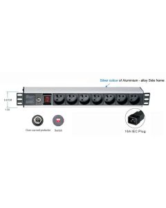 OCRACK 19" rozvodný panel 1U, 7x 220V napájecí kabel s koncovkou IEC 16A