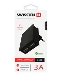 SWISSTEN SÍŤOVÝ ADAPTÉR SMART IC, CE 2x USB 3 A POWER ČERNÝ