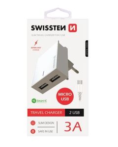 SWISSTEN SÍŤOVÝ ADAPTÉR SMART IC, CE 2x USB 3 A POWER BÍLÝ + DATOVÝ KABEL SWISSTEN USB / MICRO USB 1,2 M BÍLÝ