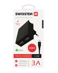 SWISSTEN SÍŤOVÝ ADAPTÉR SMART IC, CE 2x USB 3 A POWER ČERNÝ + DATOVÝ KABEL SWISSTEN USB / TYPE C 1,2 M ČERNÝ