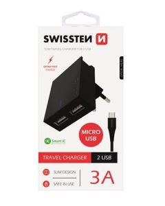 SWISSTEN SÍŤOVÝ ADAPTÉR SMART IC, CE 2x USB 3 A POWER ČERNÝ+ DATOVÝ KABEL SWISSTEN USB / MICRO USB 1,2 M ČERNÝ