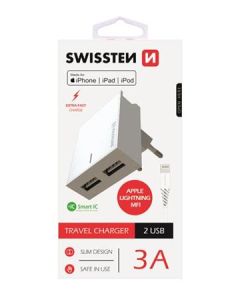 SWISSTEN SÍŤOVÝ ADAPTÉR SMART IC, CE 2x USB 3 A POWER BÍLÝ + DATOVÝ KABEL SWISSTEN USB / LIGHTNING MFi 1,2 M BÍLÝ