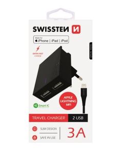 SWISSTEN SÍŤOVÝ ADAPTÉR SMART IC, CE 2x USB 3 A POWER ČERNÝ+ DATOVÝ KABEL SWISSTEN USB / LIGHTNING MFi 1,2 M ČERNÝ
