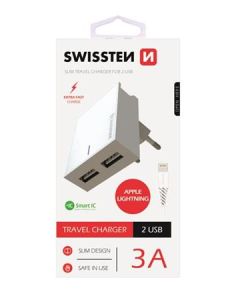 SWISSTEN SÍŤOVÝ ADAPTÉR SMART IC, CE 2x USB 3 A POWER BÍLÝ + DATOVÝ KABEL SWISSTEN USB / LIGHTNING 1,2 M BÍLÝ