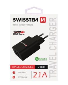 SWISSTEN SÍŤOVÝ ADAPTÉR SMART IC, CE 2x USB 2,1 A POWER ČERNÝ