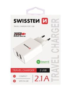 SWISSTEN SÍŤOVÝ ADAPTÉR SMART IC, CE 2x USB 2,1 A POWER BÍLÝ