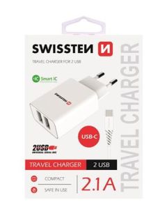 SWISSTEN SÍŤOVÝ ADAPTÉR SMART IC, CE 2x USB 2,1 A POWER BÍLÝ + DATOVÝ KABEL SWISSTEN USB / TYPE C 1,2 M BÍLÝ
