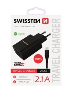 SWISSTEN SÍŤOVÝ ADAPTÉR SMART IC, CE 2x USB 2,1 A POWER ČERNÝ + DATOVÝ KABEL SWISSTEN USB / MICRO USB 1,2 M ČERNÝ