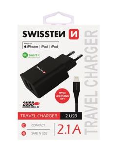 SWISSTEN SÍŤOVÝ ADAPTÉR SMART IC, CE 2x USB 2,1 A POWER ČERNÝ + DATOVÝ KABEL SWISSTEN USB / LIGHTNING MFi 1,2 M ČERNÝ